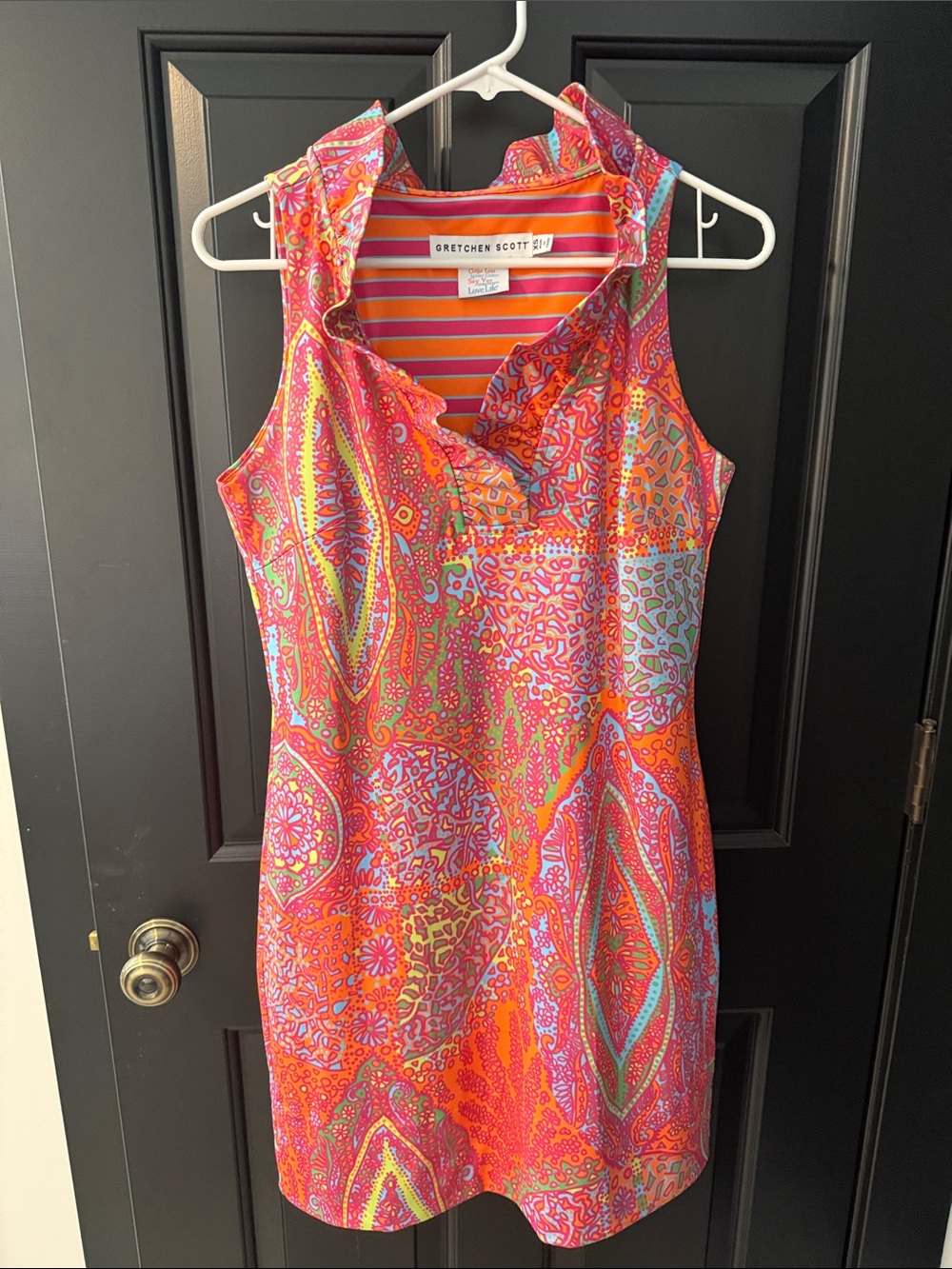 Gretchen Scott Designs Pink & Orange Paisley Ruffle-Neck Shift Dress